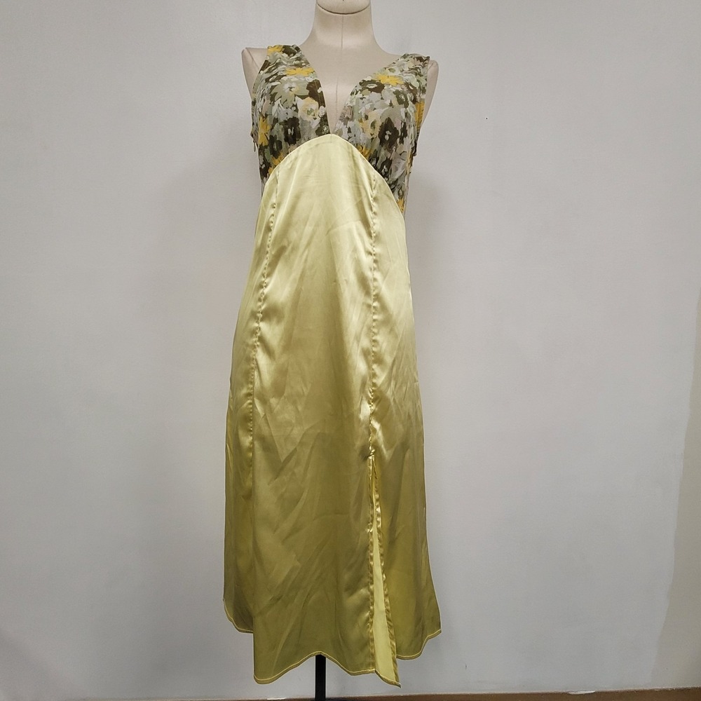 Babydoll Yellow Satin Retro Floral Slit Hippie Boho Midi Garden Dress Size XS